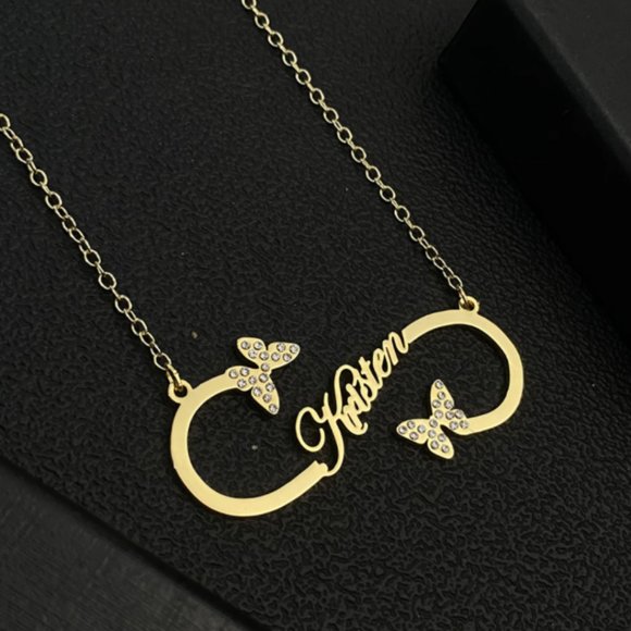 Custom Name Butterfly Necklace Infinity Shape Diamond Stainless Steel Metal - Picture 4 of 4